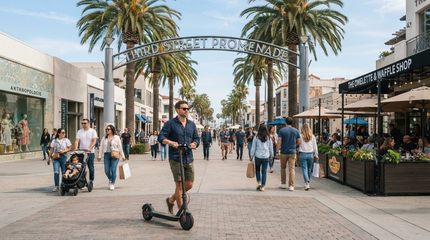 E-scooter rider walking instead of riding on Third Street Promenade