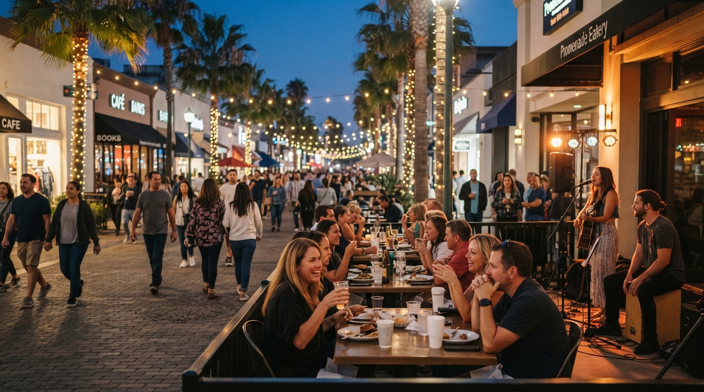 Evening dining and entertainment on Third Street Promenade in Santa Monica