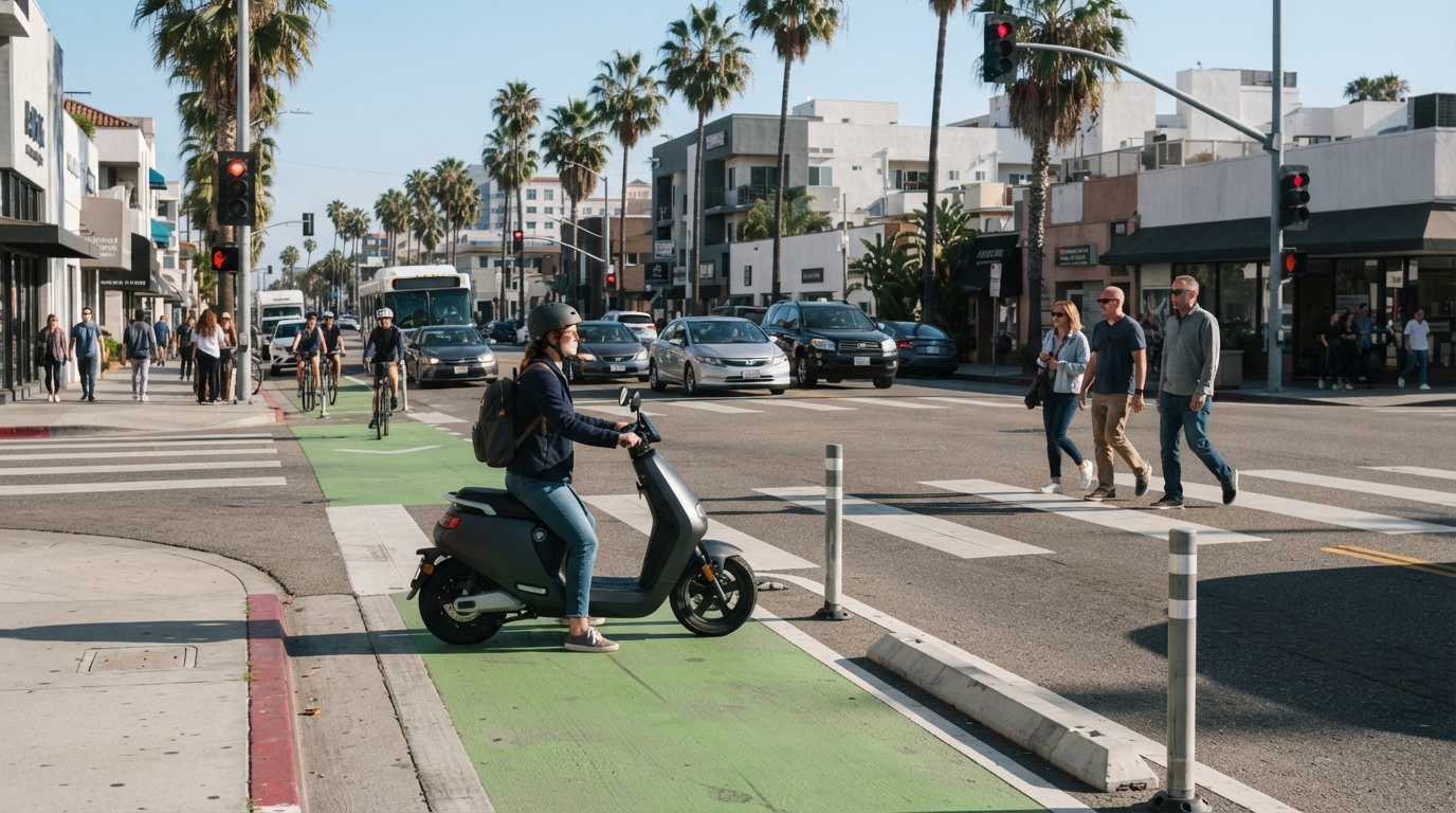 Scooter rider and pedestrians safely using a downtown Santa Monica intersection