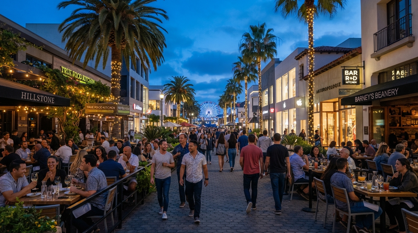 Third Street Promenade Entertainment Zone in Santa Monica during an evening visit