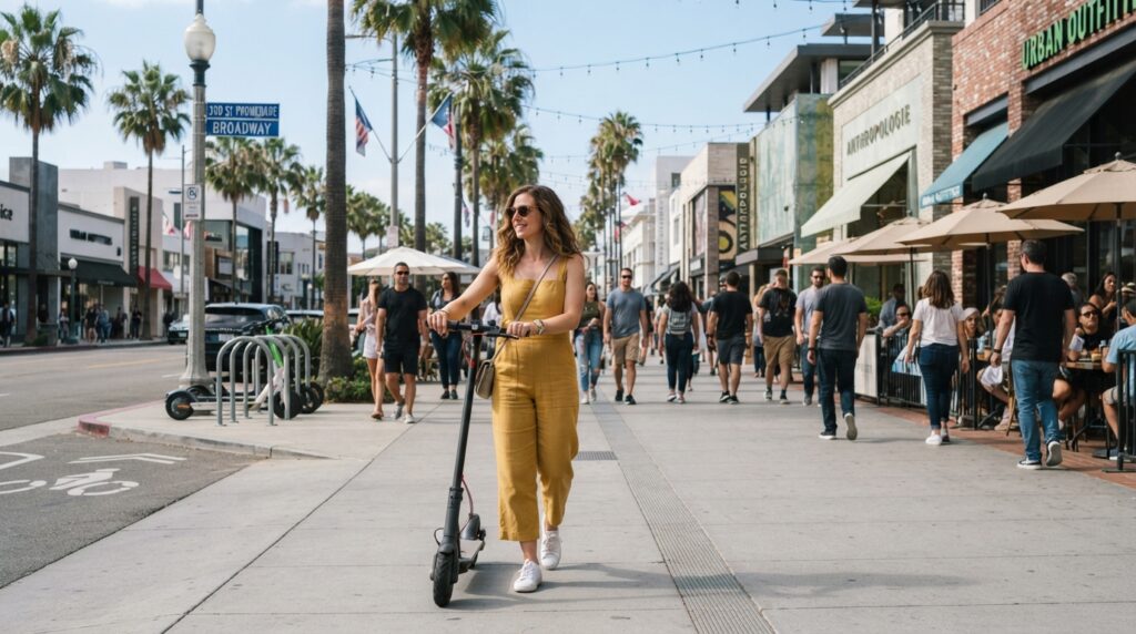 Visitor walking an e-scooter near Third Street Promenade in Santa Monica
