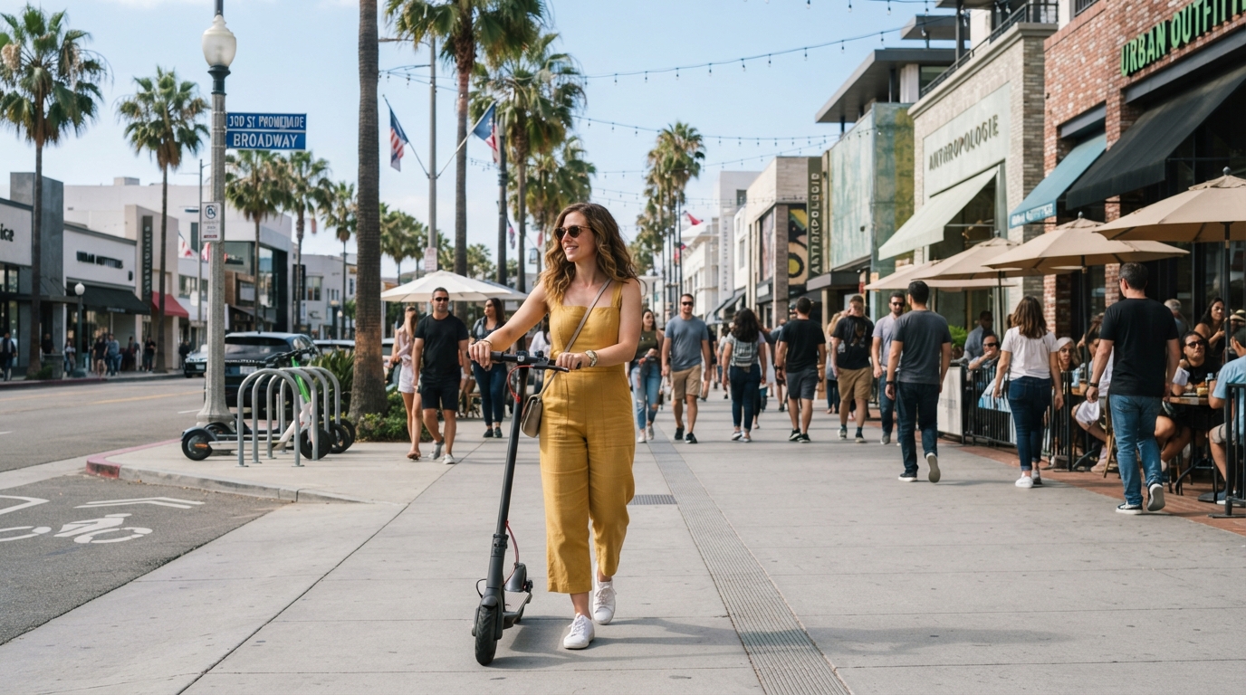 Visitor walking an e-scooter near Third Street Promenade in Santa Monica