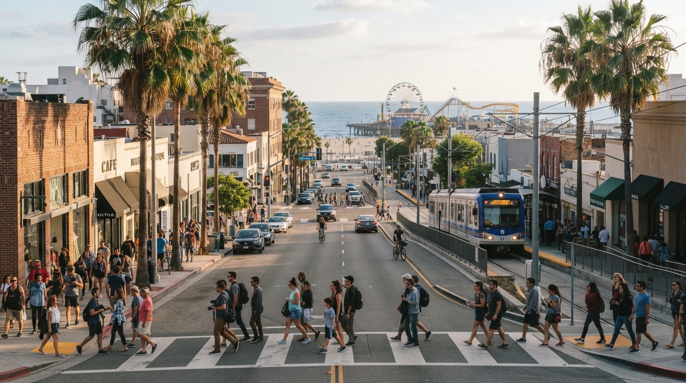 Visitors walking between Third Street Promenade and the Santa Monica coast
