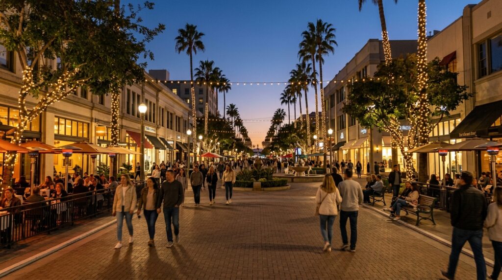 Third Street Promenade fall events 2026 with evening shopping, dining, and pedestrian activity in Santa Monica