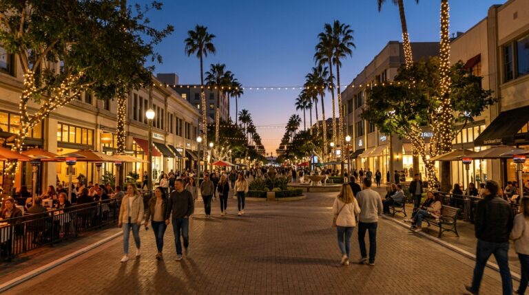 Third Street Promenade fall events 2026 with evening shopping, dining, and pedestrian activity in Santa Monica