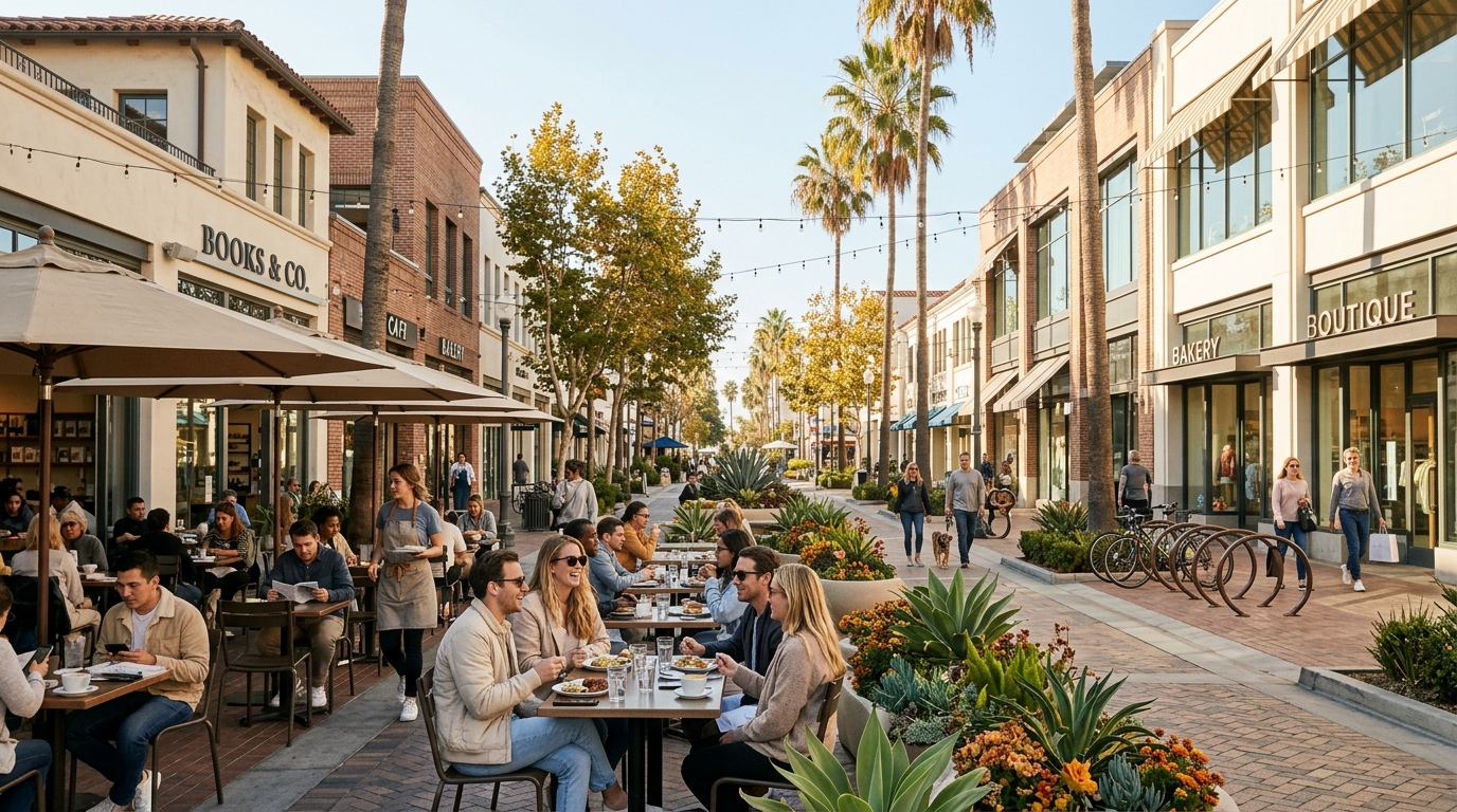 Visitors enjoying shopping, cafés, and outdoor seating near Third Street Promenade